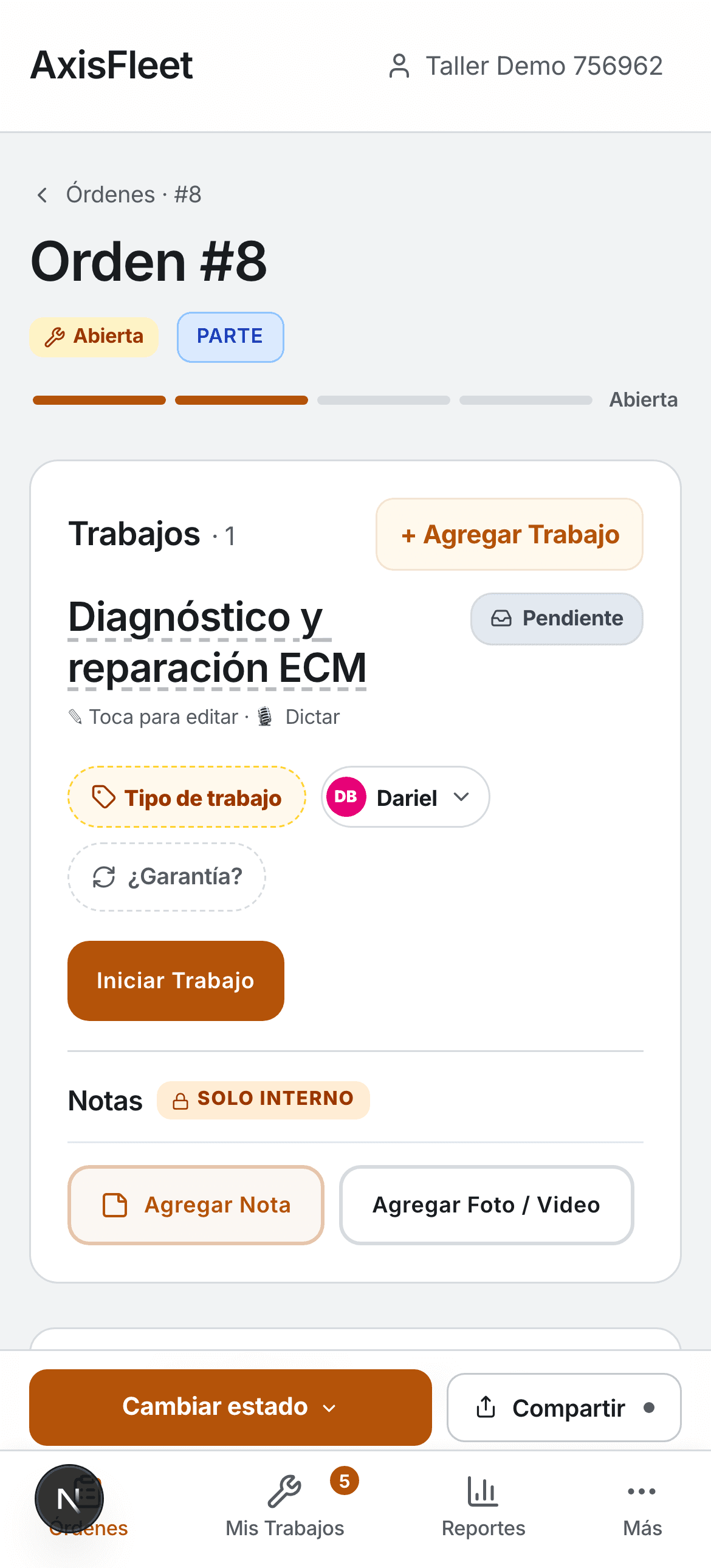 Orden de reparación de componente ECM con dictado de voz y garantía