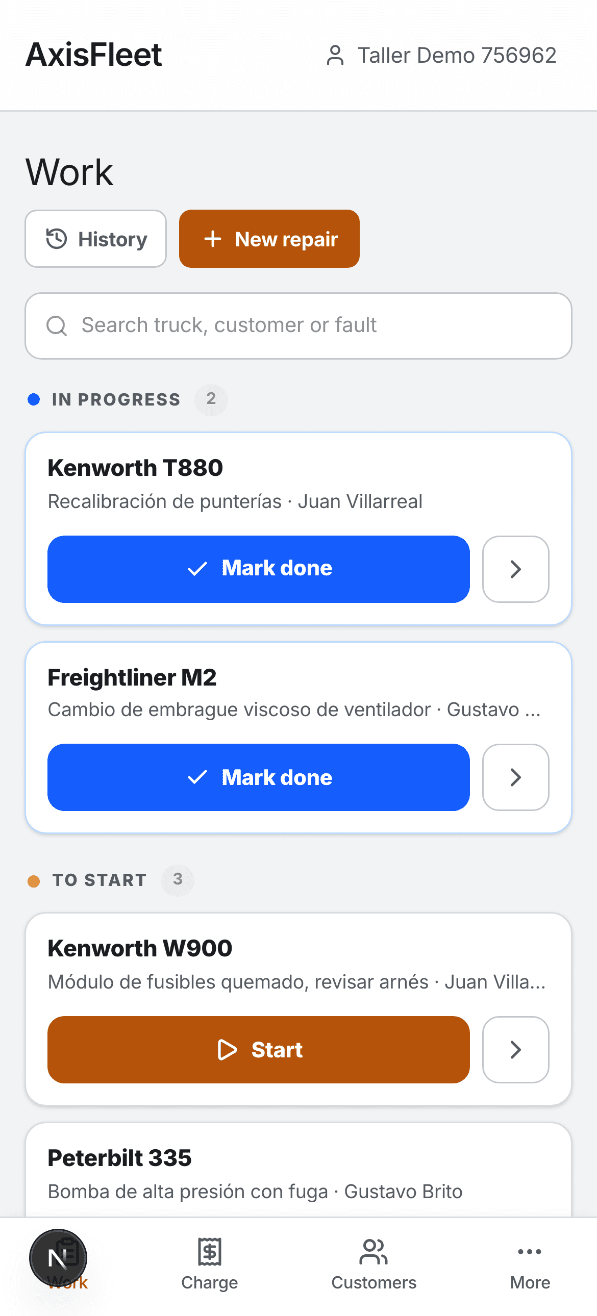 AxisFleet en inglés: el mismo board con Mark done y Start